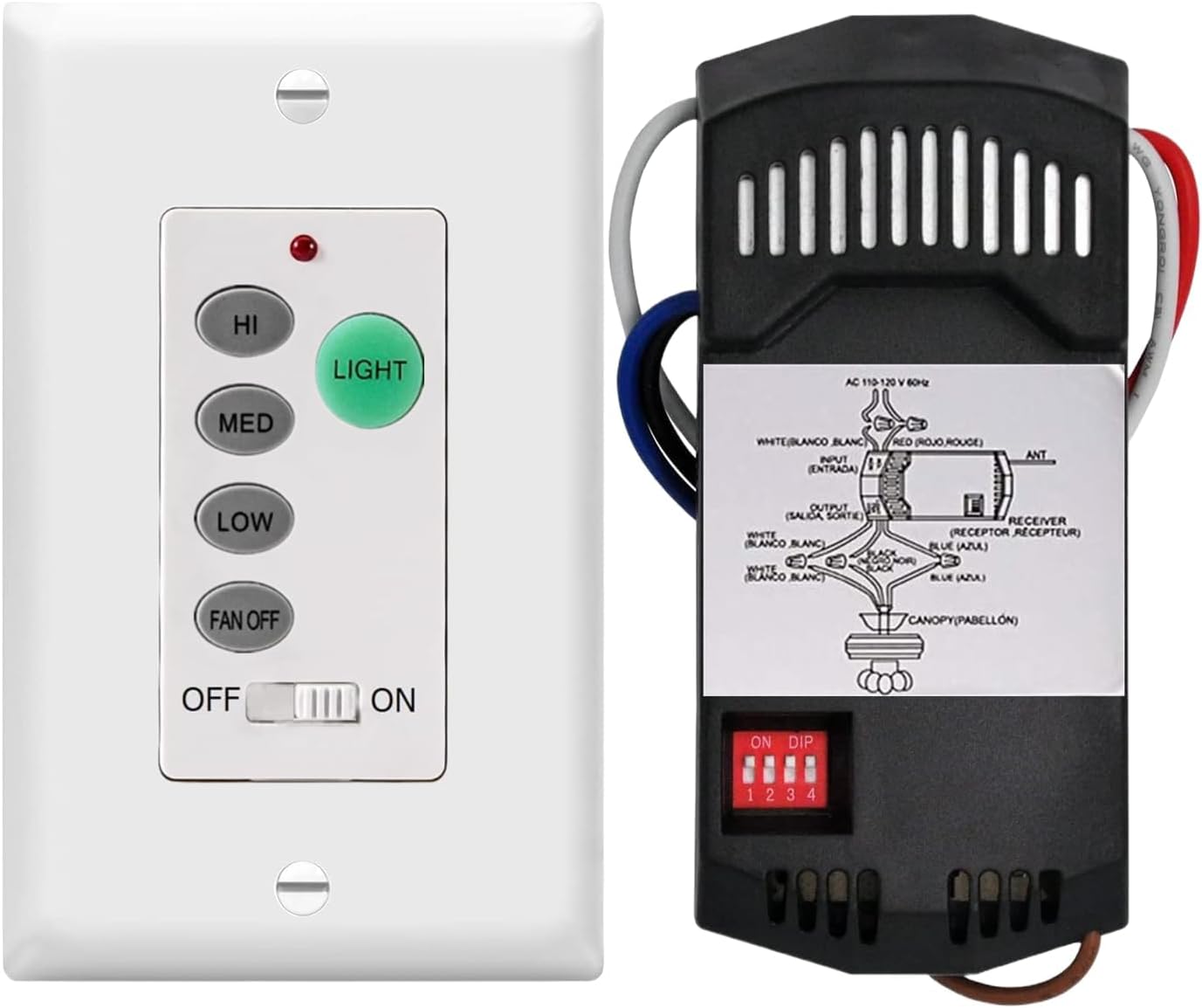 Universal Ceiling Fan Wall Remote Control 3 Speed Light Dimmer Switch 4-DIP Compatible with Hampton Bay, Harbor Breeze, Hunter (Wall Remote Control Only)