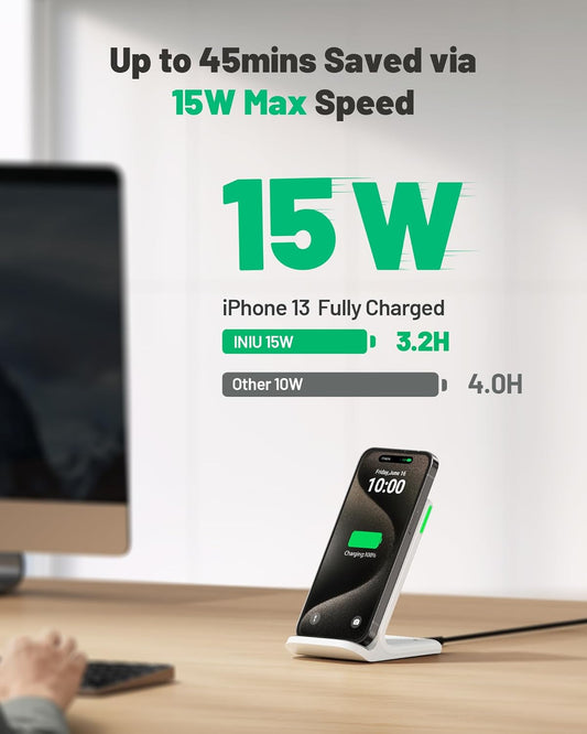 INIU Wireless Charger Station, 15W Fast Qi-Certified Wireless Charging Stand for Official and Home Compatible with iPhone 16 15 14 13 12 Pro XS Samsung Galaxy S23 S22 S21 Note 20 Google etc - PuriLite