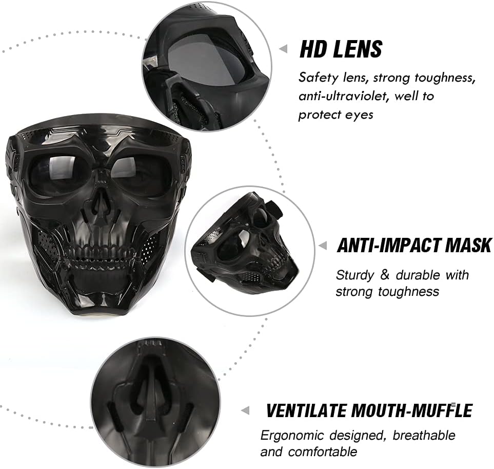 Outamateur Motorcycle Skull Goggle Mask Riding Goggles Safety Road Riding UV Motorbike Glasses for Riding/Skiing/Snowing/Motorcycling/Halloween (Grey Lens) - PuriLite