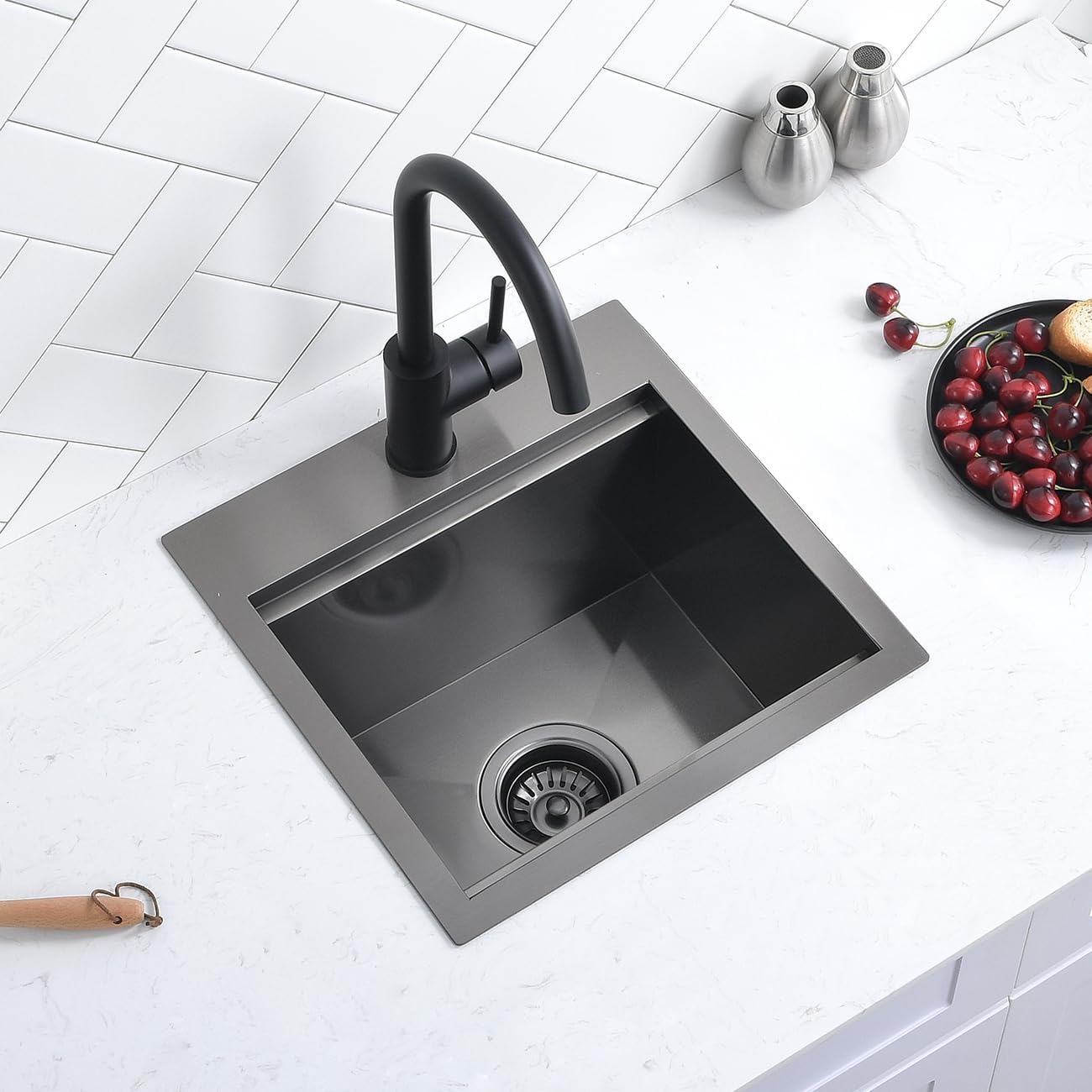 15 Black Stainless Steel Drop in Kitchen Bar Sink, Scamall 15X15X9 Inches Topmount Small Bar Sinks - 16 Gauge Matte Black Stainless Steel Workstation Kitchen Bar Sink SM021-1SBG