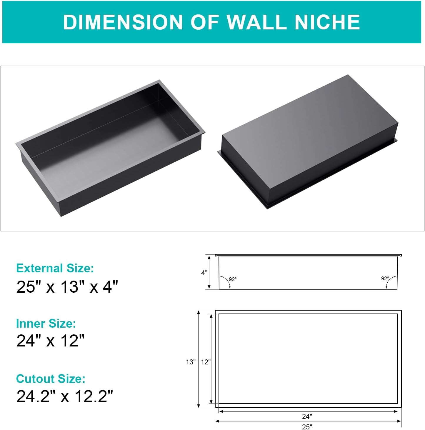 MENATT No Tile Shower Niche, Stainless Steel Wall Niche 13"X19"(Inner Size 12"X18"), Two-Tier Bathroom Shelf, NO Tile Needed Recessed Niche Shower for Bathroom Storage, Black