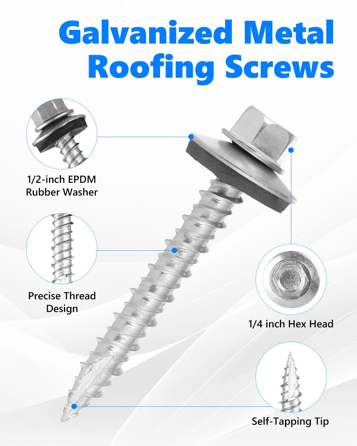 AOKLIT Hex Head Roofing Screws #10 × 1 Inch, 500Pcs Zinc Plated Self Tapping Metal Roof Screws with Rubber Washers for Metal and Corrugated Roofing Panels (Hex Socket Included)
