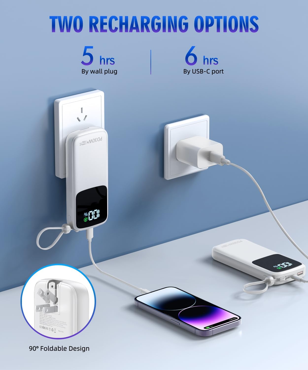 Portable Charger Power Bank, 15000mAh Portable Charger Fast Charging Lightweight, Built-in AC Wall Plug and 2 Output Cables with LED Display for iPhone Samsung iPad etc (White)