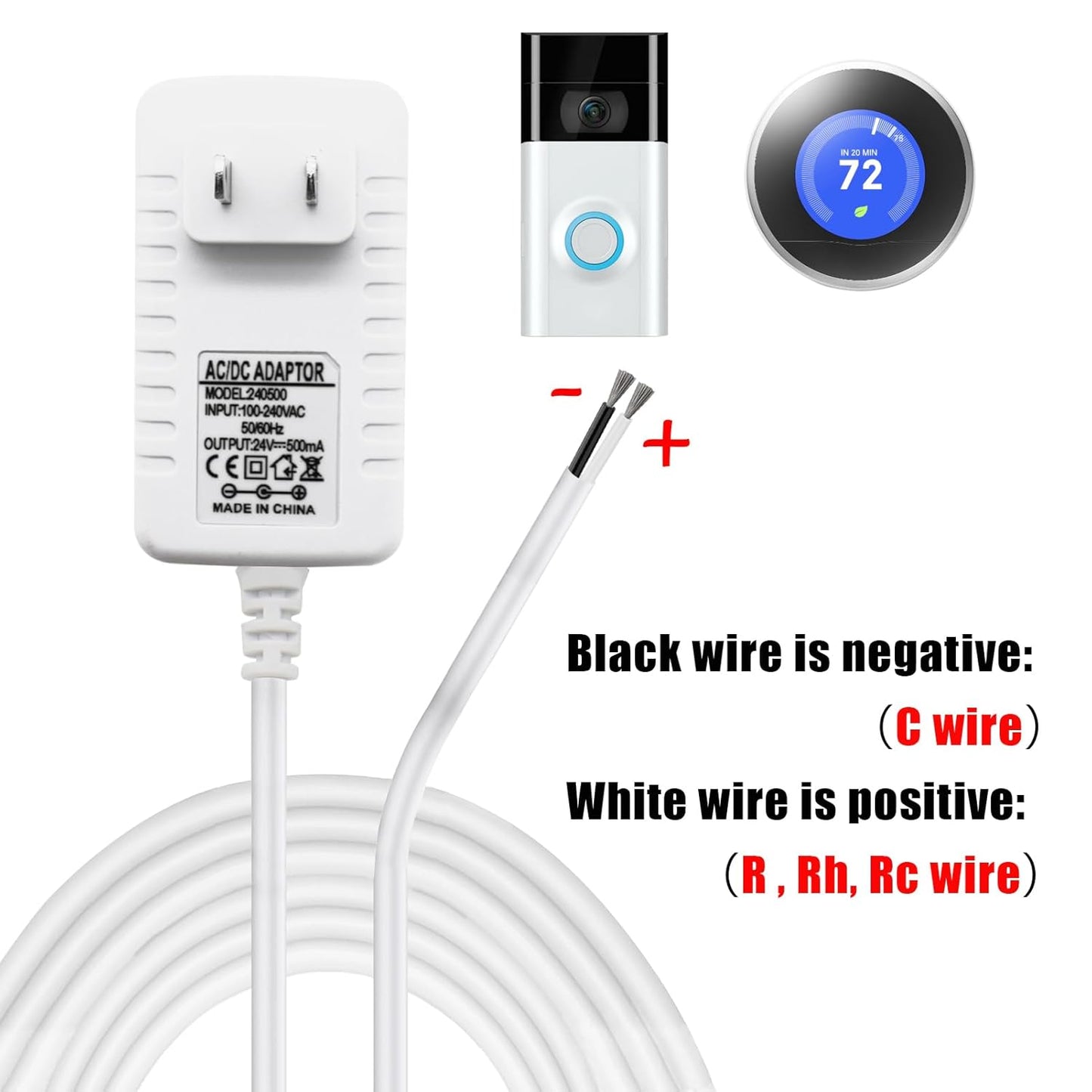 C Wire Adapter for Amazon Smart Thermostat, Fit for Honeywell Nest, Ring/Wyze Video Doorbell, 24V Transformer Power Supply Cord 26 FT, with Nail Clips