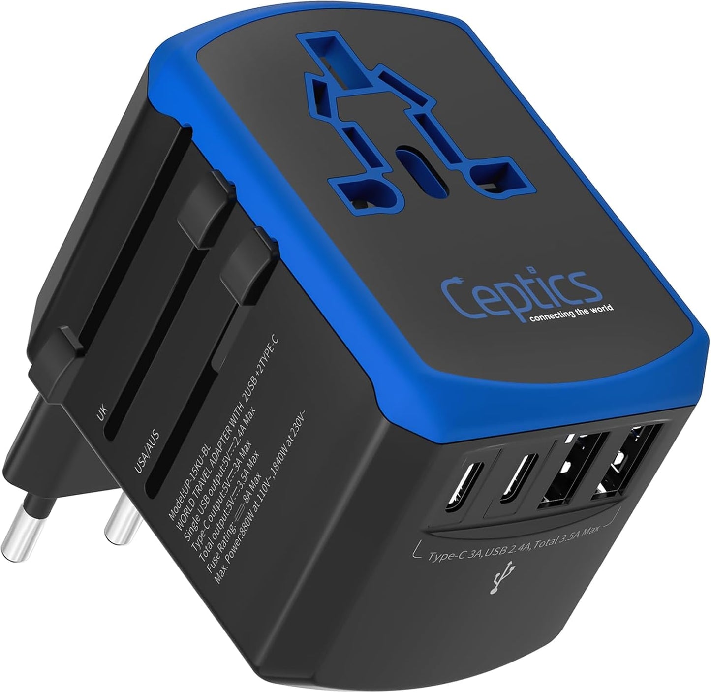 Ceptics Universal Travel Adapter kit, Dual USB (QC 3.0) + 2 US outlets + USB-C Cable, Use with Chargers, Cell Phones, Laptops, 6 Plug attachments for Worldwide use (Does Not Convert Voltage) (WPS-2B)