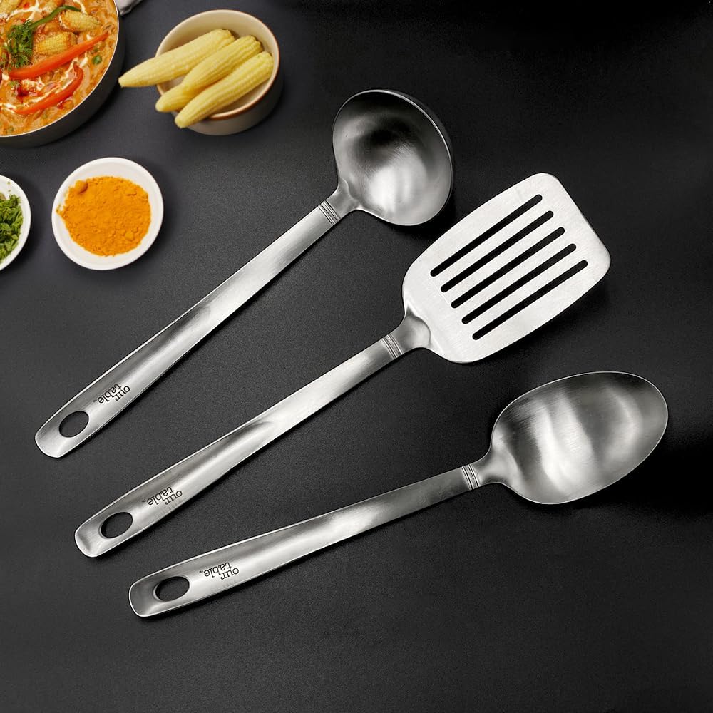 Our Table 3 Pieces Cook & Serve Stainless-Steel Utensils Set,Kitchen Soup Ladle,Cooking Spoon,Slotted Turner Spatula for Serving Your Favorite Meals