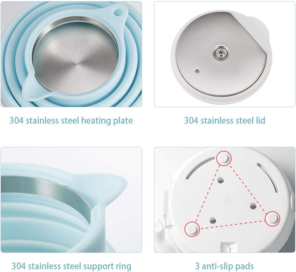 120V 555ML Ultrathin Travel Foldable Electric Kettle with Separable Power Cord and Handle, Boil Dry Protection, Food Grade Silicone