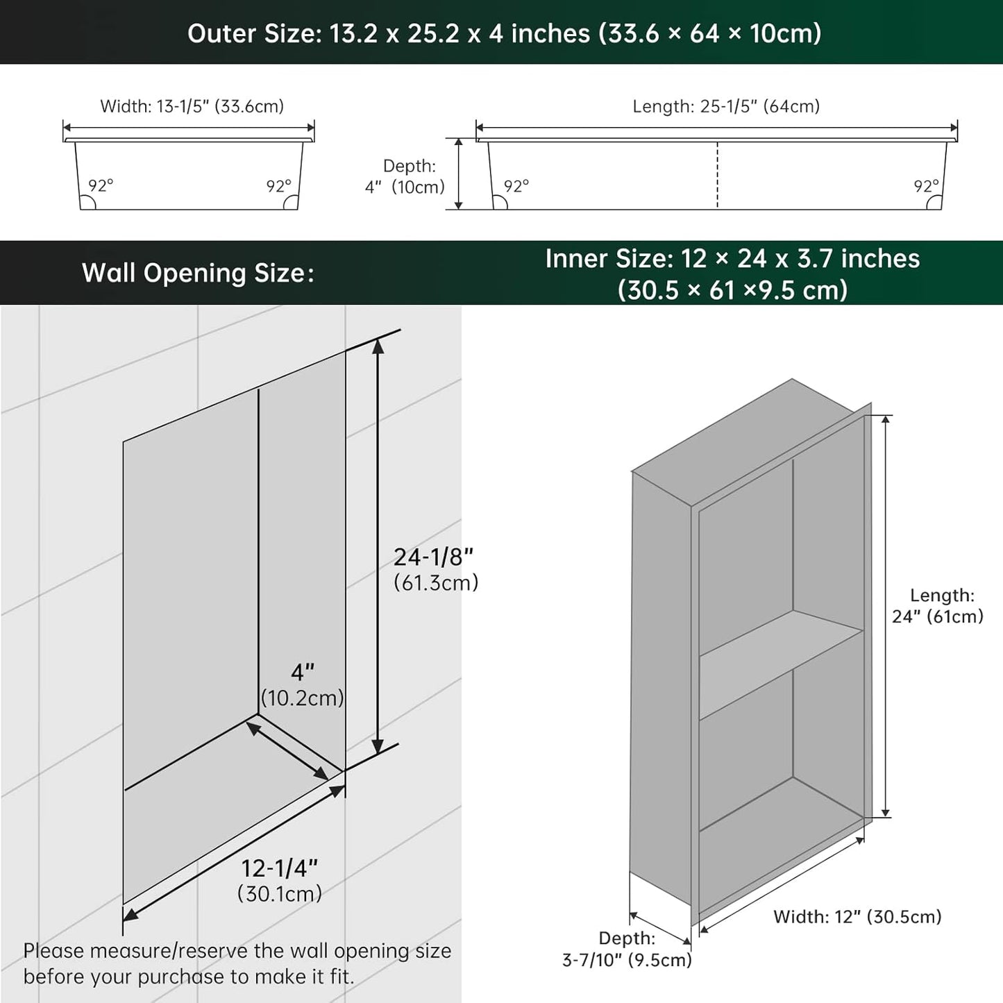 BLYLUND Shower Niche 12" x 24" NO Tile Needed,Matte Black Double Shelf Organizer, Square Corners Wall-Inserted Niche Recessed Shower Shelf Modern Soap Niche for Bathroom