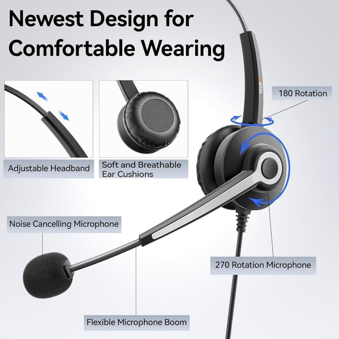 Wantek USB Headset with Microphone for PC, On-Ear Headphones - Computer Laptop Wired Headset with Mic Noise Cancellation & Volume Control for Work Home Office Online Classroom Zoom Skype