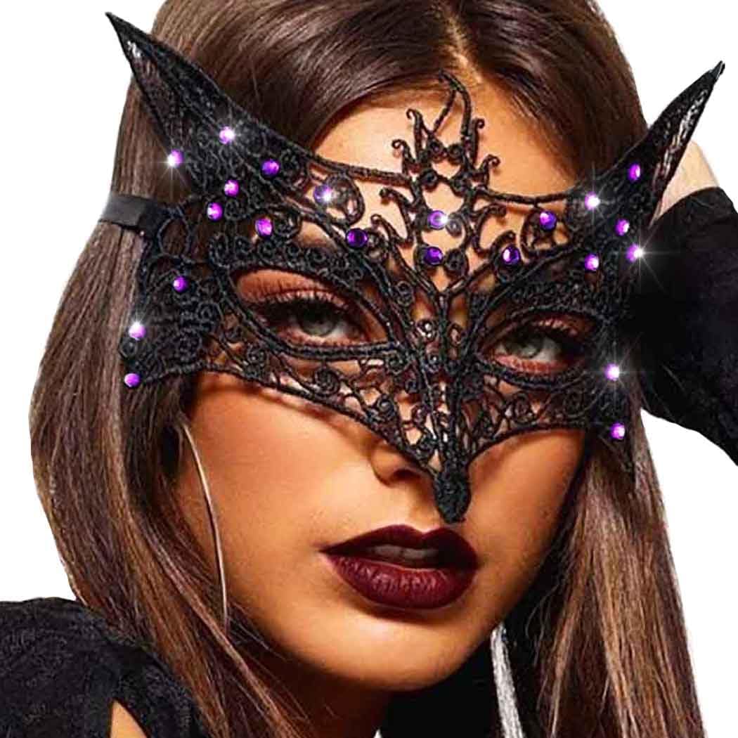 Obmyec Masquerade Lace Mask for Women Fox Eye Masks Black Face Mask for Party Halloween Cosplay