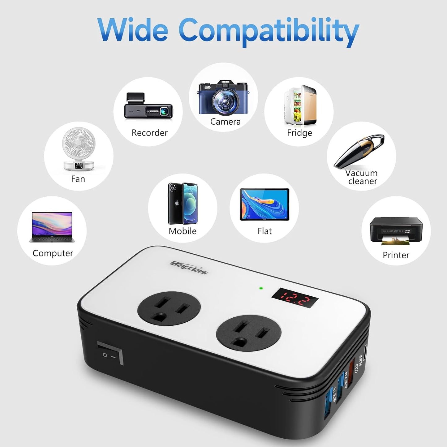 Bapdas 200W Power Inverter DC 12V to AC 110V Car Adapter Plug Outlet with PD 25W USB-C, QC3.0 and Dual USB Ports Loptop Car Charger
