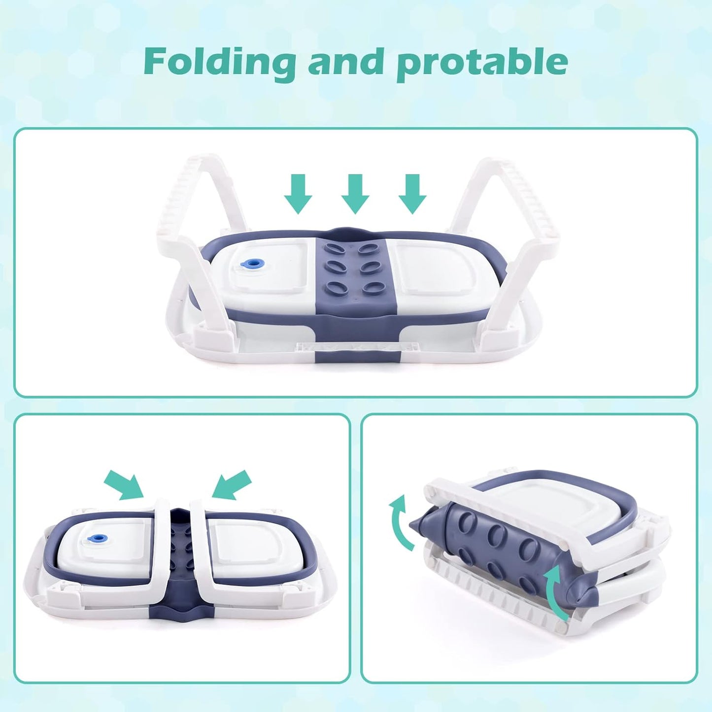 nordmiex Foldable Baby Bathtub for Infants to Toddler,Portable Travel Multifunctional with Drain Hole,Collapsible Newborn 0-36 Month (Blue White+Baby Bath Cushion+Waterproof Ear Cap)