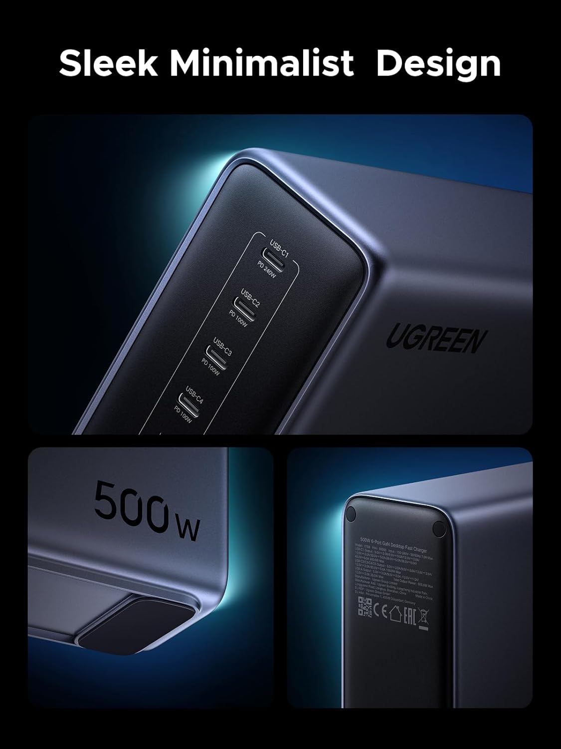 UGREEN Nexode 500W GaN Fast Charging Station 240W Single Port, 6 Ports USB-C and USB-A, Smart Temperature Control, Space-Saving Design, for MacBook, XPS, Laptop, Phone, and More