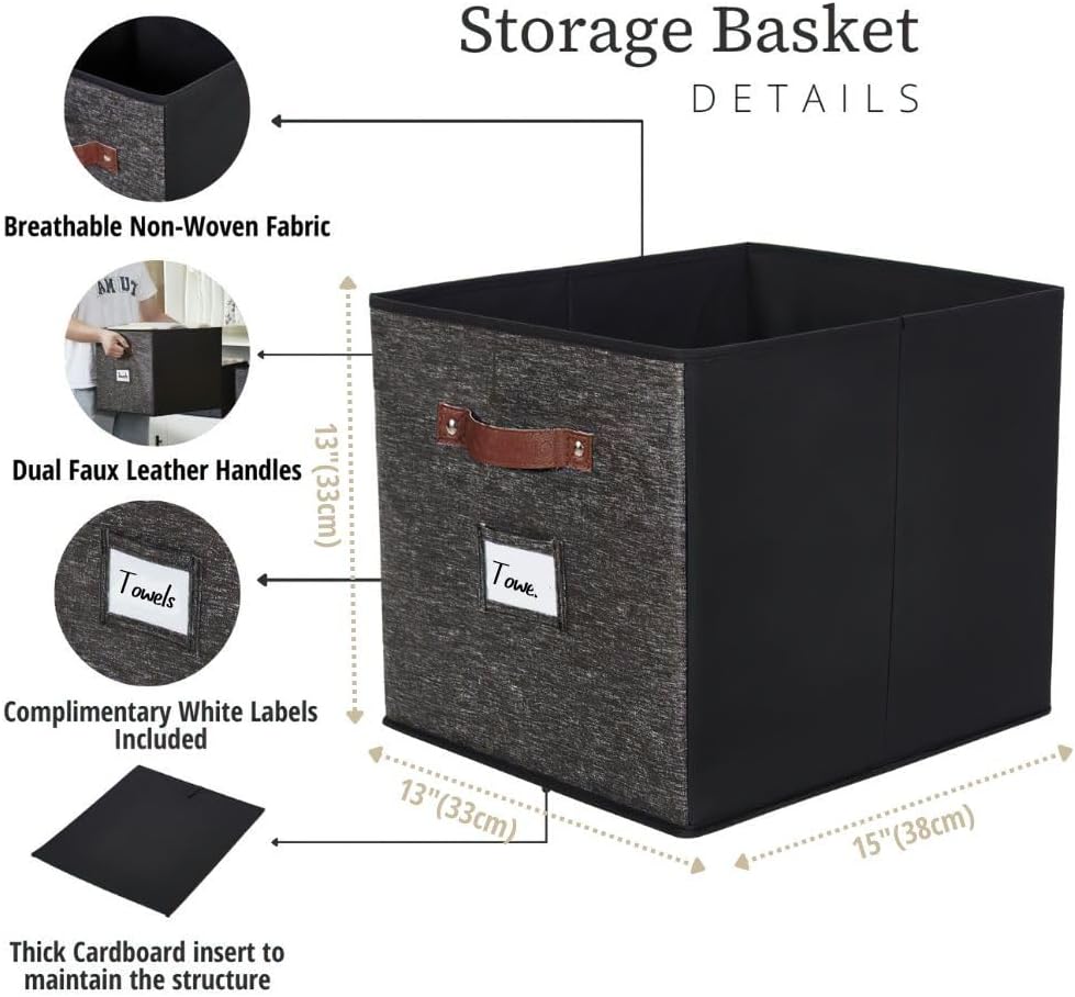 DECOMOMO Cube Storage Bin, Storage Cubes with Labels, Baskets for Shelves Kallax Linen Closet Organizers (Cube 10.5x11"/ 6pcs, Black)