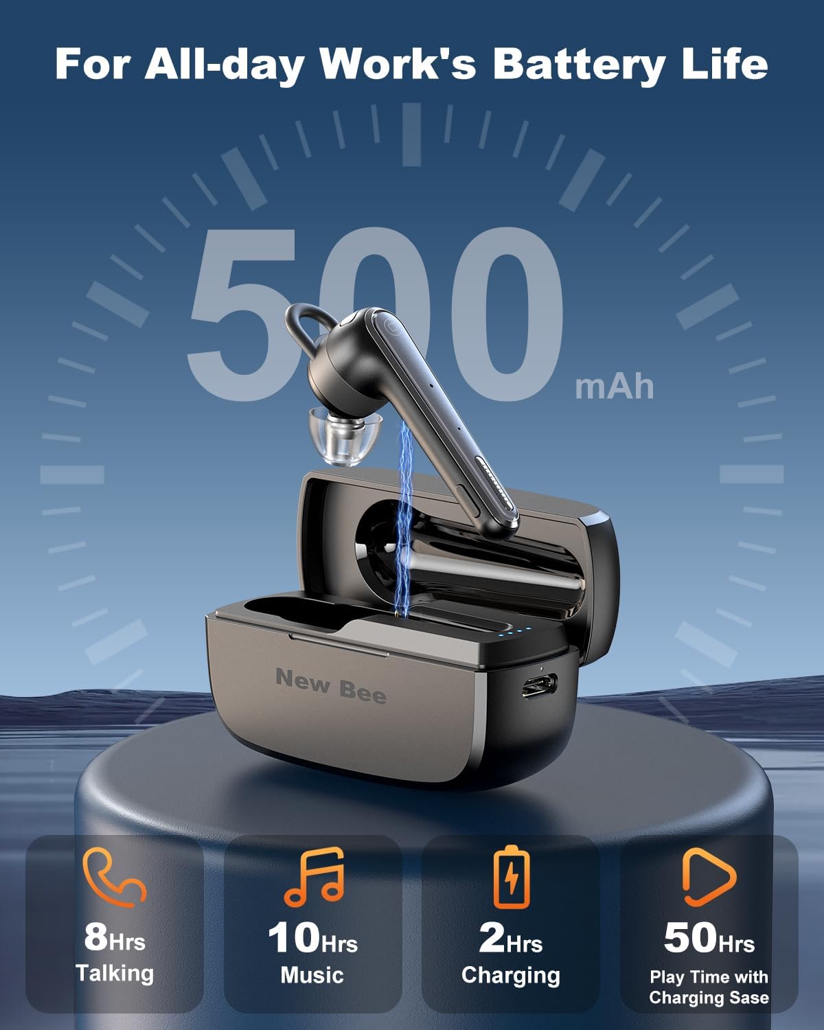 Bluetooth Headset V5.1 Bluetooth Earpiece with 500mAh Charging Case ENC Noise Canceling Mic, LED Battery Display Hands-Free Single-Ear Earbud for Cell Phone Business Calls