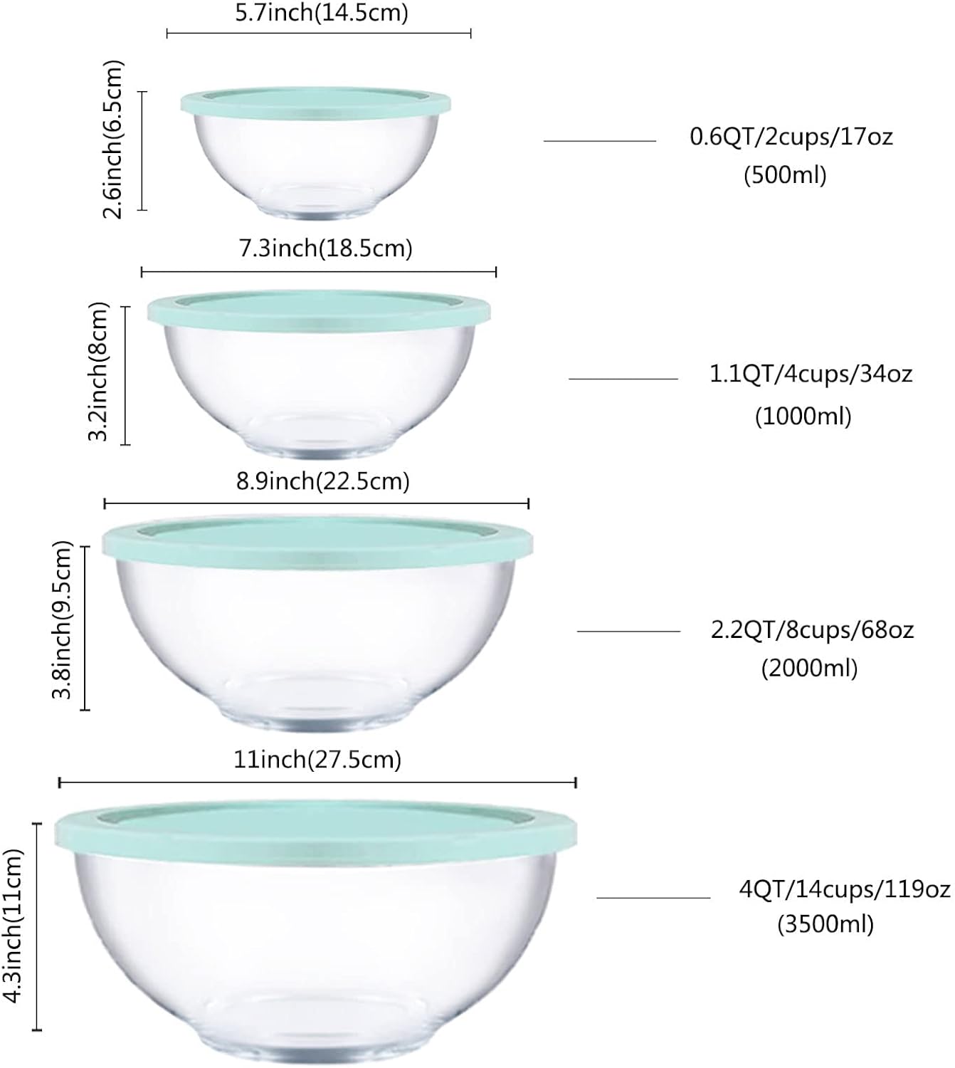 Glass Mixing Bowl Set with Lids, 4 Pieces Glass Salad Bowl Set with Lids (0.6QT, 1.1QT, 2.2QT,4QT) High Brosilicate Microwave Bowls for Kitchen Baking, Prepping Serving and Storage, Great Gift