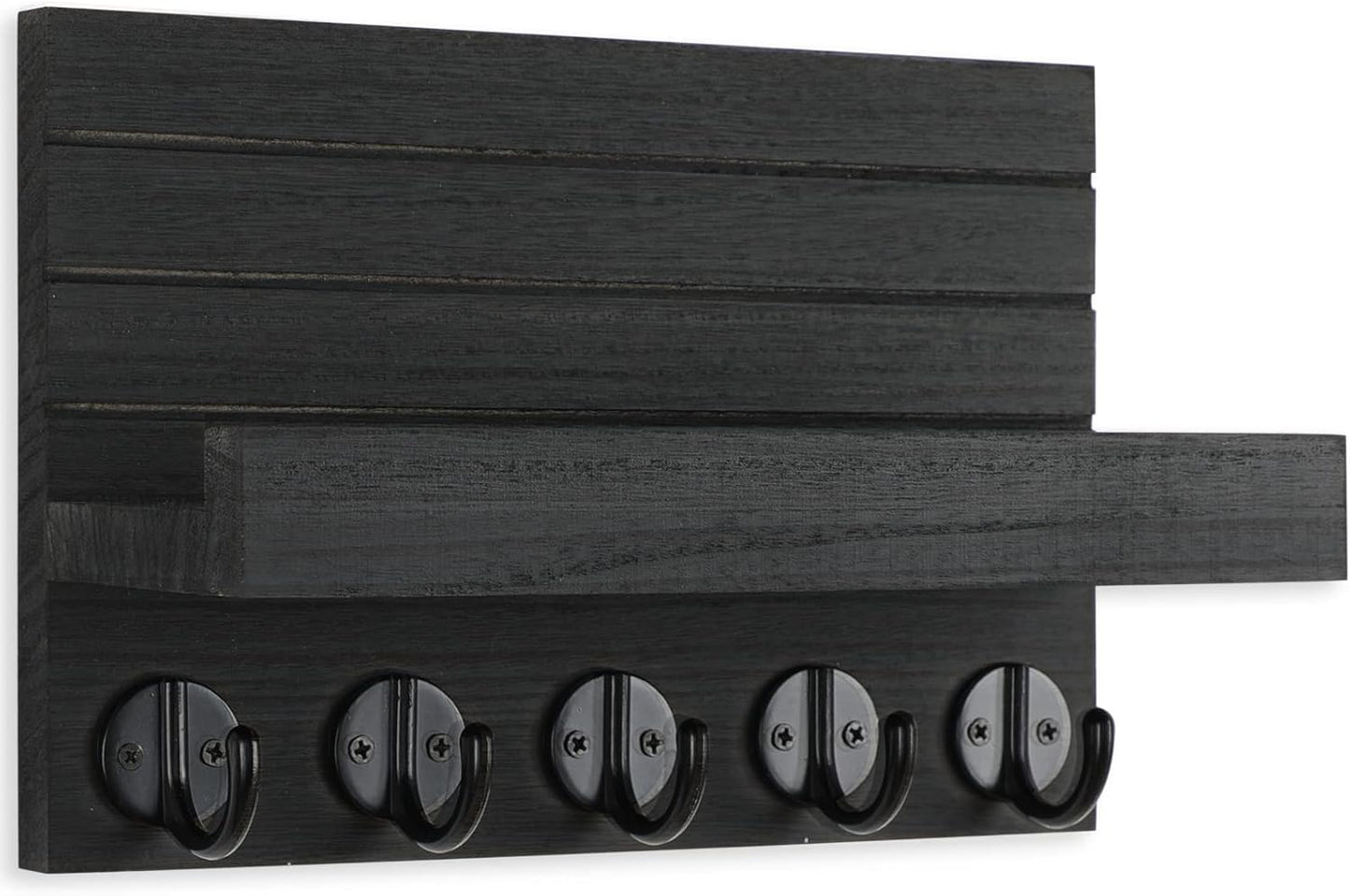 Lwenki Key Holder for Wall, Decorative Key and Mail Holder with Shelf Has Large Key Hooks for Bags, Coats, Umbrella – Paulownia Wood Key Hanger with Mounting Hardware (Black)
