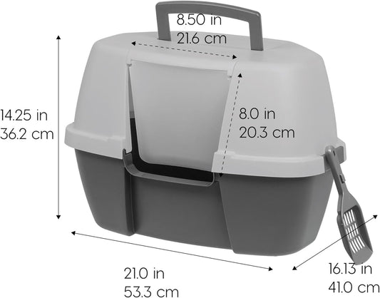 IRIS USA Cat Litter Box, Large Corner Litter Box Enclosure with Scoop, Litter Box with Lid, Handle and Buckles for Portability and Privacy, Gray - PuriLite
