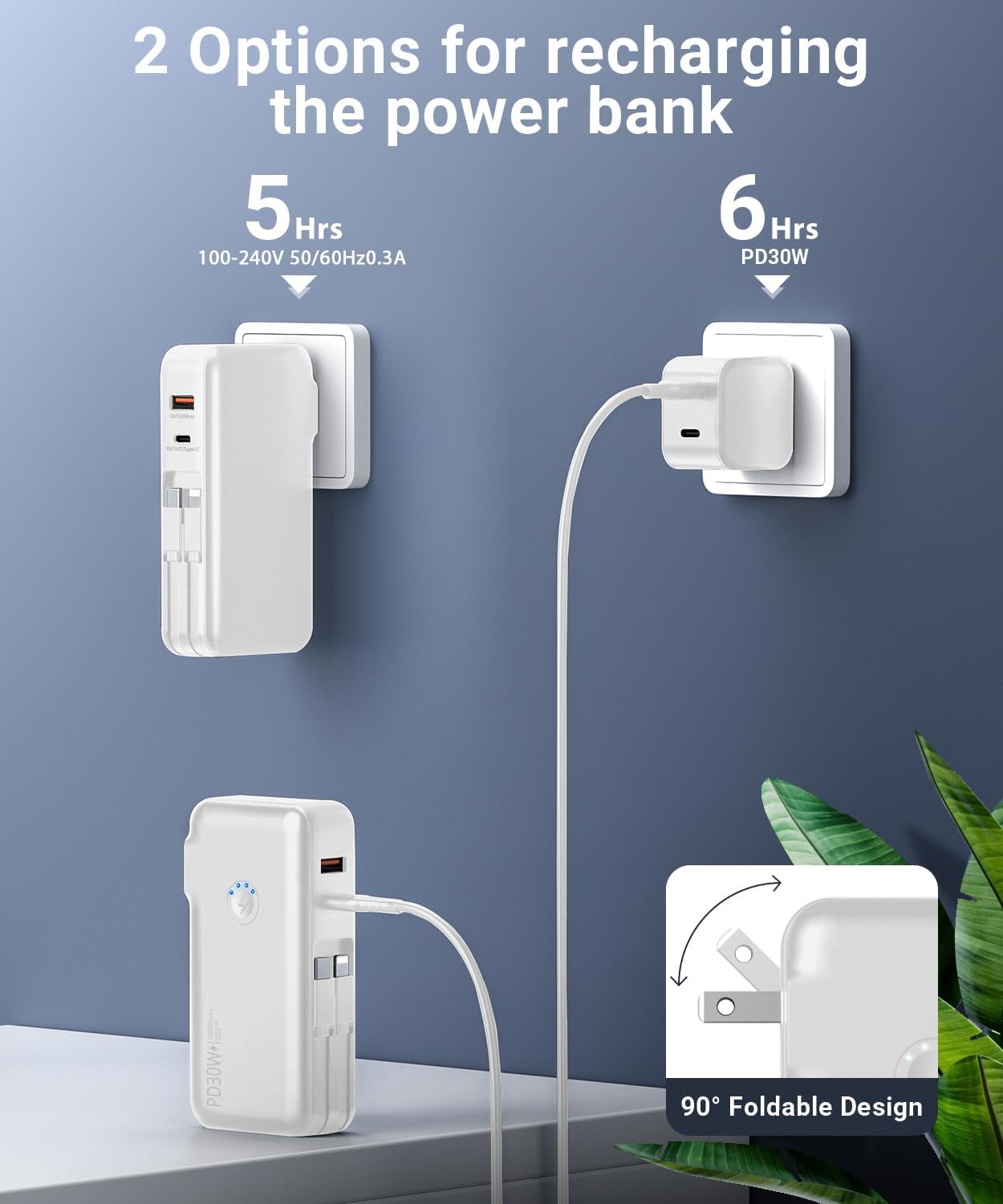 Portable Charger Power Bank 16000mAh Power Bank Built-in AC Wall Plug and Cables, PD 30W and QC4.0 Fast Charger for Most Electronic Devices (White)