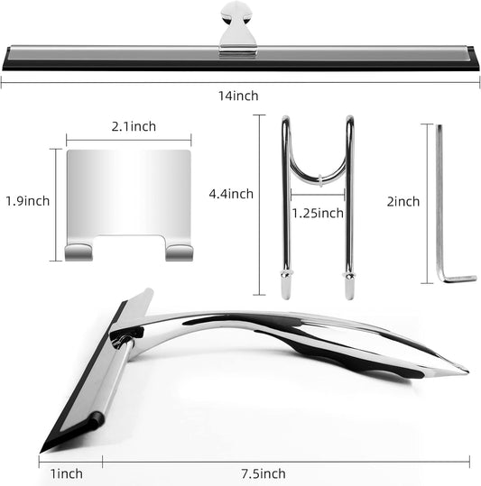 14 Inch Shower Squeegee Stainless Steel with Shower Door Hook and Adhesive Hook Glass Squeegee Bathroom for Doors, Bathroom, Windows, Kitchen, Mirror with Spare Silicone Blade 2 Hooks - PuriLite