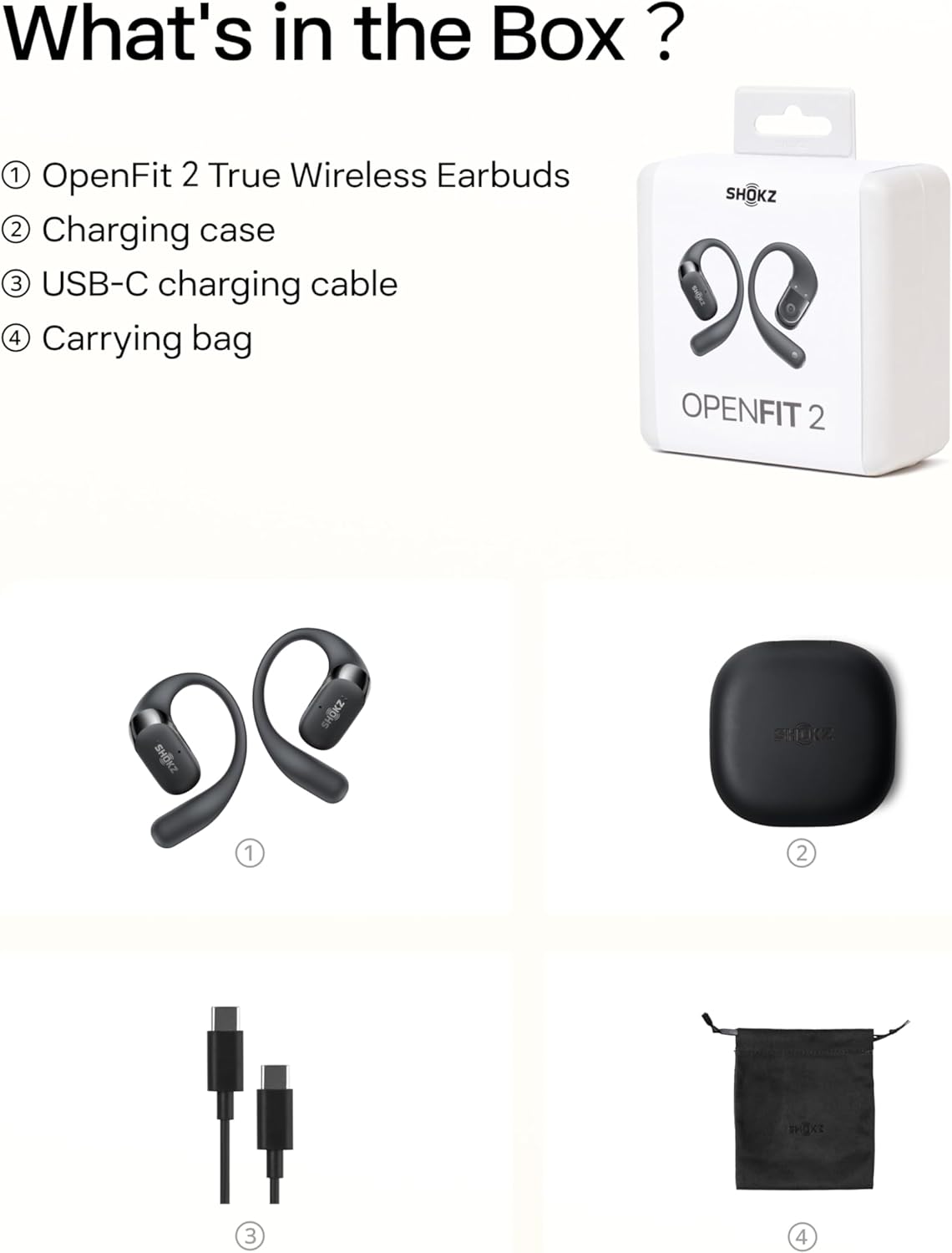 New SHOKZ OpenFit 2 Open-Ear Headphones, True Wireless Bluetooth Earphones with Microphone, Earhook Earbuds with 48 Hours of Playtime, Fast Charging, IP55 Water-Resistant, with Carrying Bag, Black