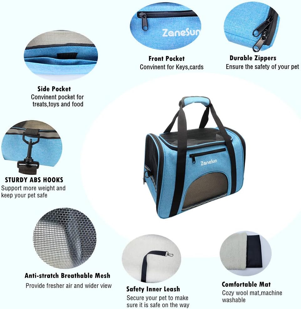 ZaneSun Cat Carrier Dog Carrier Pet Carrier for Small Medium Cats Dogs Puppies of 15 Lbs,Airline Approved Dog Cat Travel Carrier (Medium, Blue)