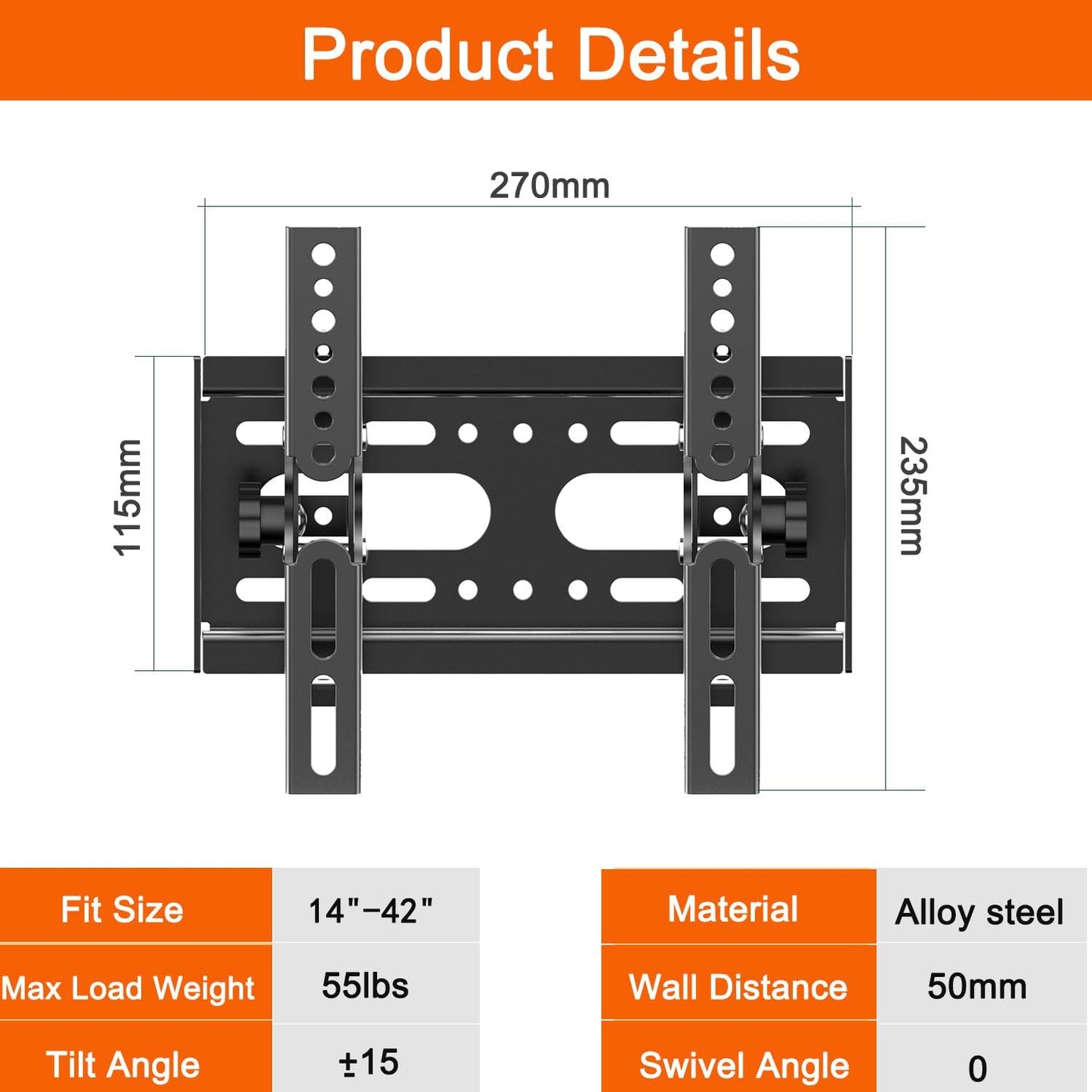 SJBRWN Tilt TV Wall Mount for Most 14-42 Inch Flat Curved Screen TVs Monior, Up Down 15° Support TV Mural, Fits 24 32 40" Max VESA 200x200mm Holds up to 55lbs, Low Profile Small Wall Mount TV Bracket