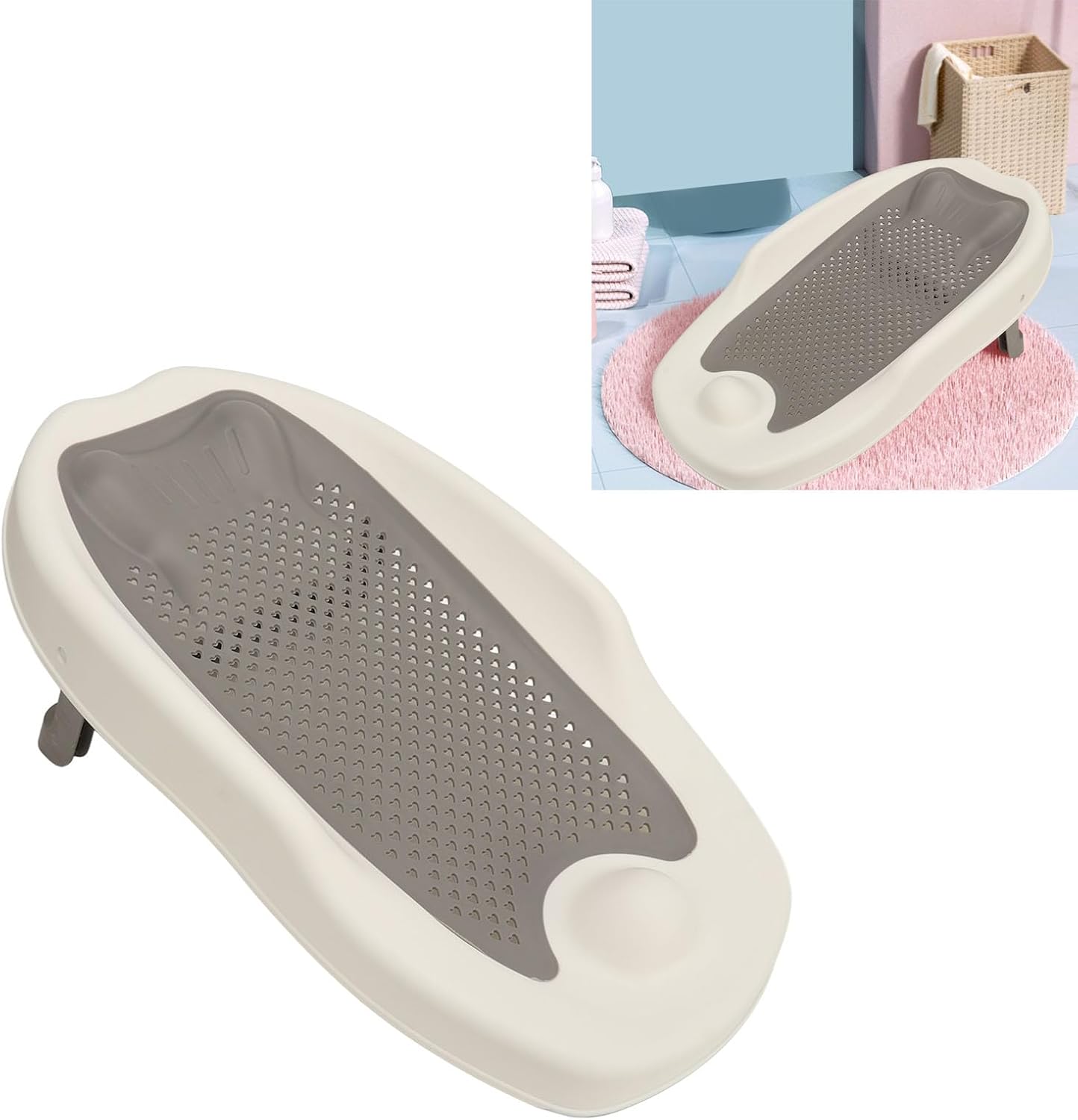 Foldable Baby Bath Support with Hollow Pattern, Ergonomic Design 3 Point Mechanical Structure, Universal Fit for Home Bathroom (Grey)