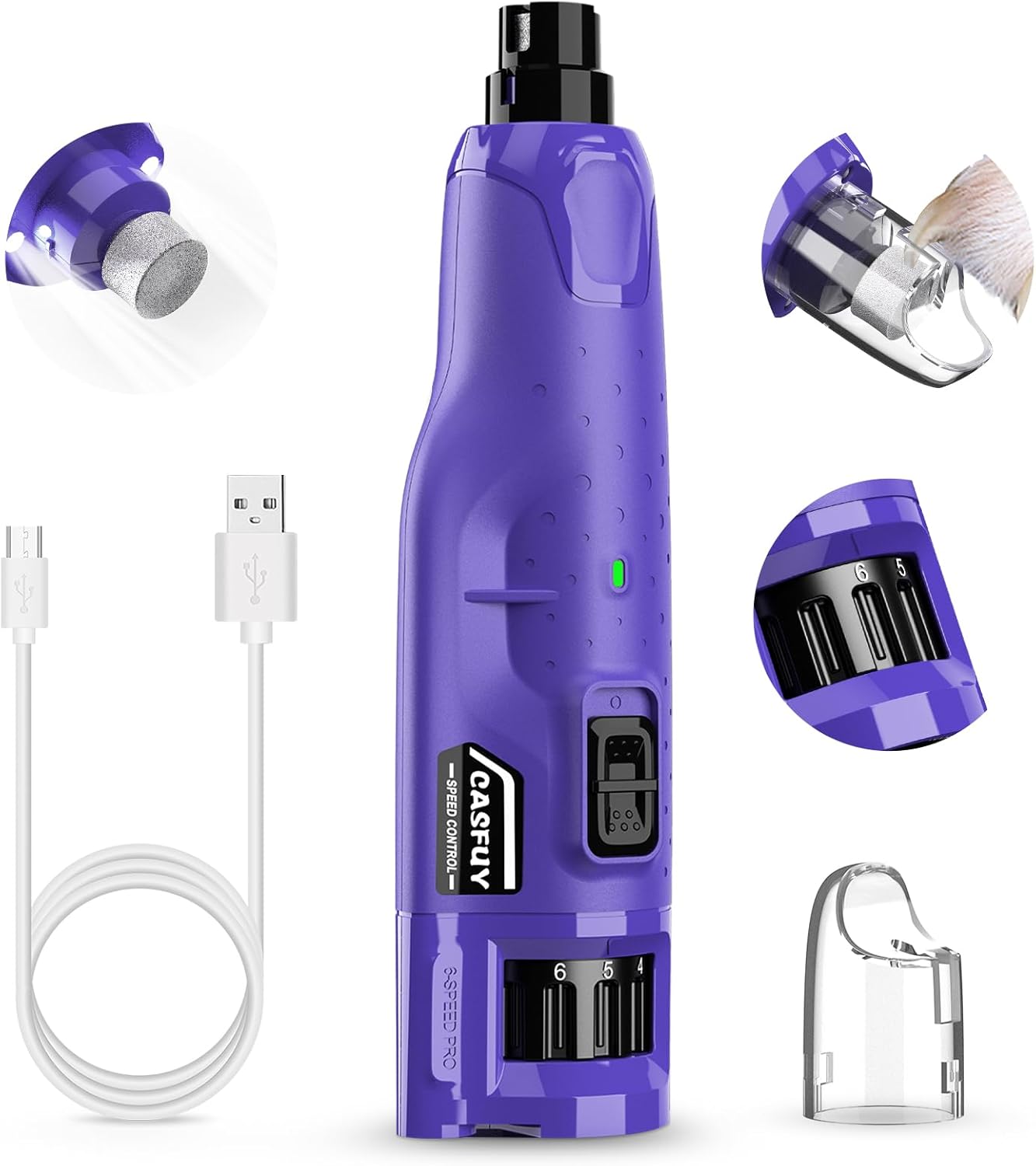 Casfuy Dog Nail Grinder Quiet - (45db)6-Speed Pet Nail Grinder with 2 LED Lights for Large Medium Small Puppy Dogs/Cats, Professional 3 Ports Rechargeable Electric Dog Nail Trimmer with Dust Cap(Blue)