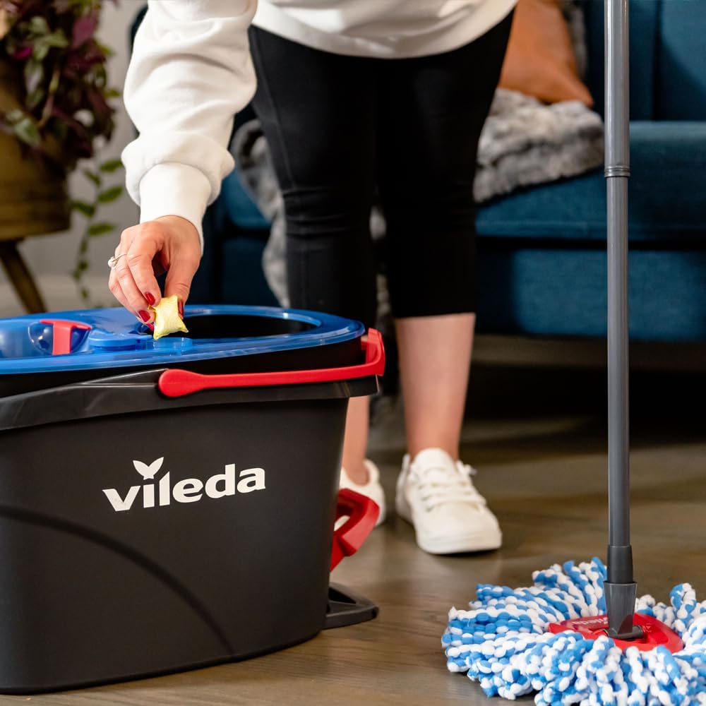 Vileda RinseClean Spin Mop & Bucket System | 2-Tanks Separate Clean and Dirty Water | Machine Washable and Reusable Microfibre Mop Head Replacement | Hands-Free Wringing Bucket