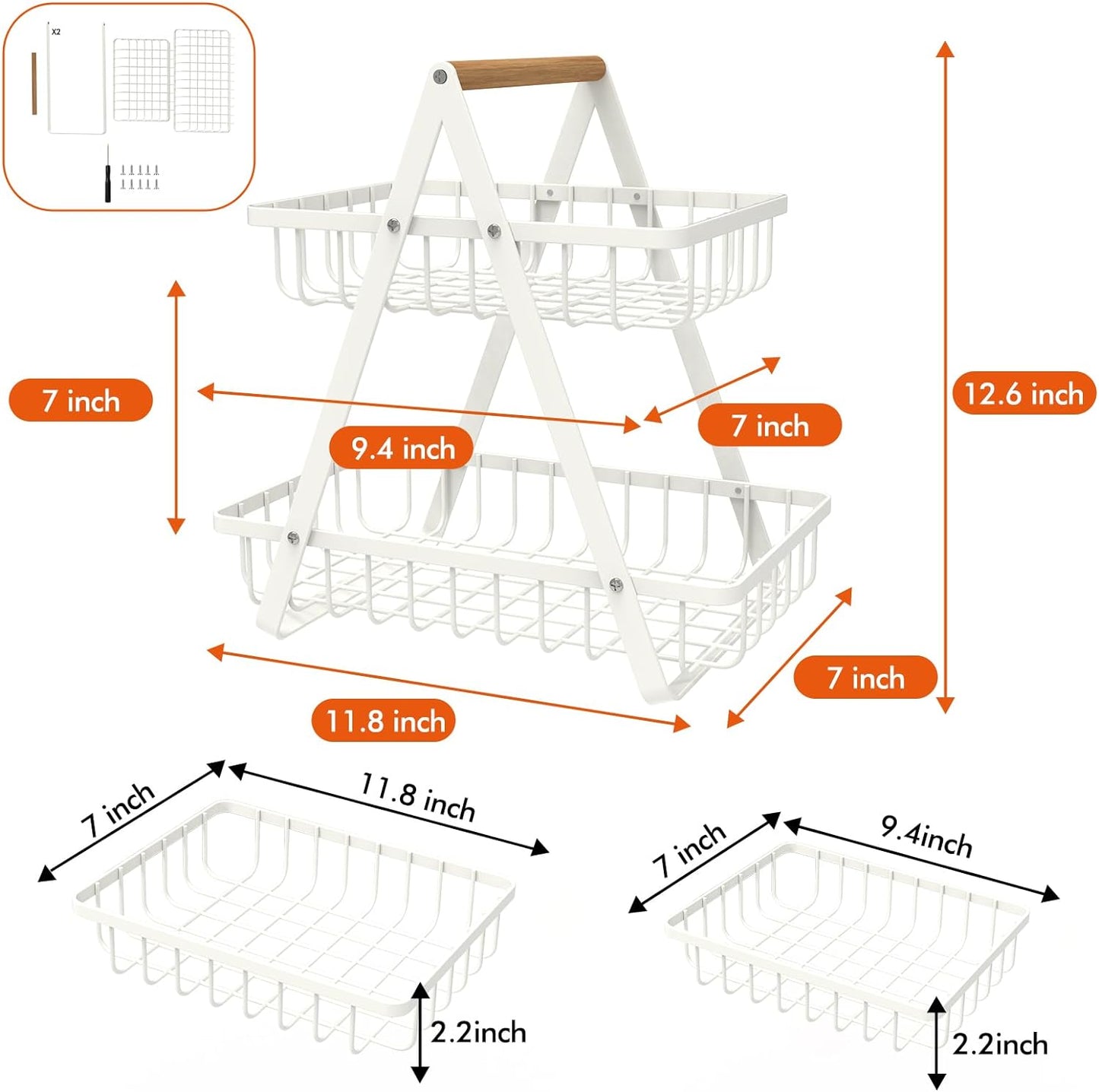 2 Tier Countertop Fruit Basket,Portable Fruit Bowle Basket for Kitchen Organizer Storage & Dining Room Fruits Vegetable Bread Snacks,MAHUEEOL Detachable Metal Rectangle Basket Storage