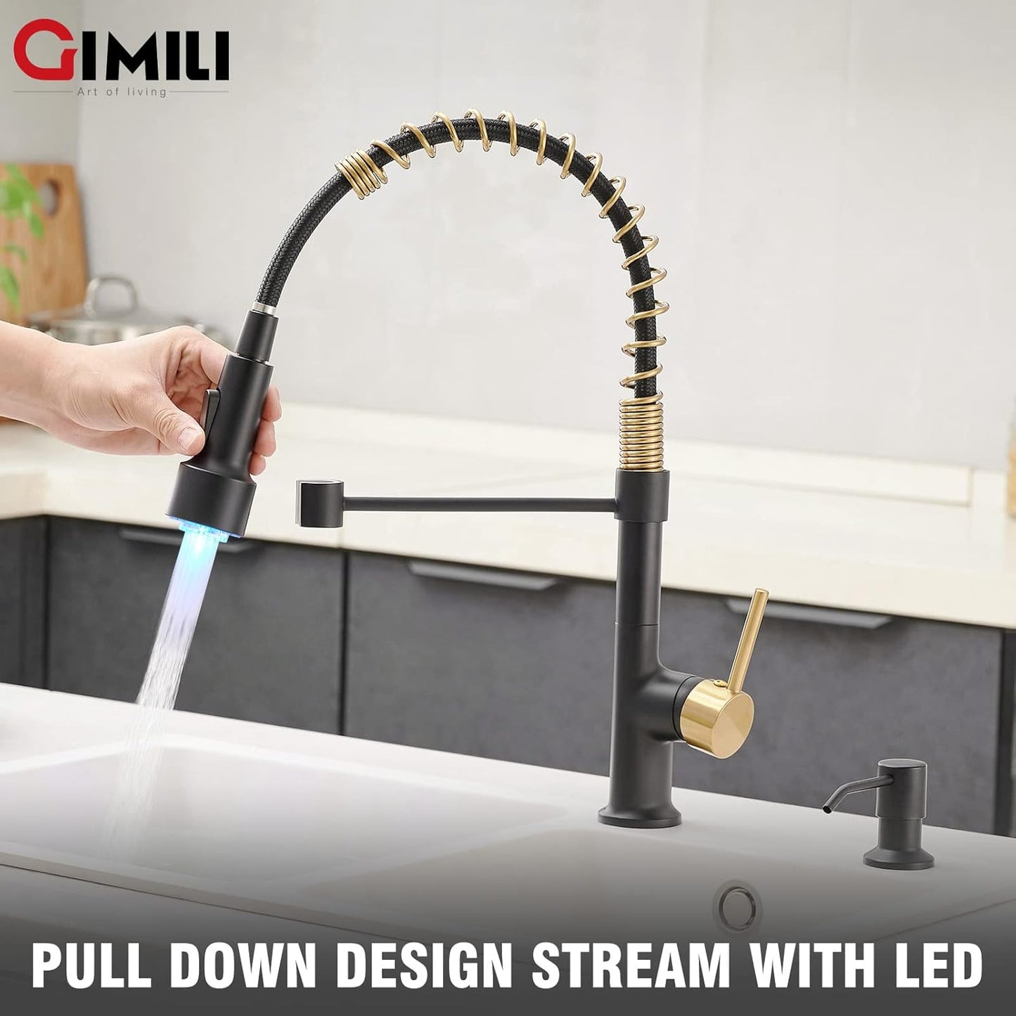 GIMILI Matte Black Kitchen Faucet with LED Light,Single Hole Spring Kitchen Sink Faucet with Pull Down Sprayer