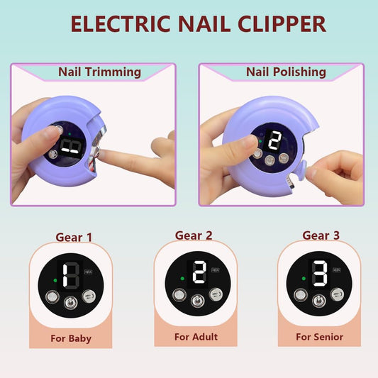New Upgraded 2 in 1 Electric Nail Clipper with 3 speeds Safe Automatic Nail Trimmer Built-in Storager & Auxiliary Light Convenient for Babies Tweens Adults Seniors(not Suitable for toenails) - PuriLite
