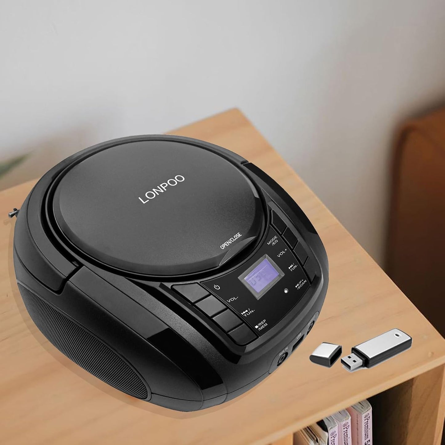 LONPOO Portable CD Player | Stereo Bluetooth Boombox | FM Radio Turn Knob | Auto Lid Open Button | Big LCD Display | Concealed Ports of USB/AUX/Earphone | Rear Power Protection Button (LP-D12)