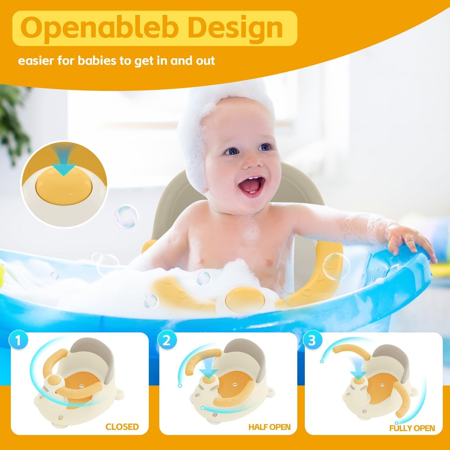 Baby Bath Seat for Babies 6 Months & Up, Bath Seats for Babies Sitting Up, Open Design Bathtub Seat for Baby, Non-slip, Compact Toddler Bath Seat.
