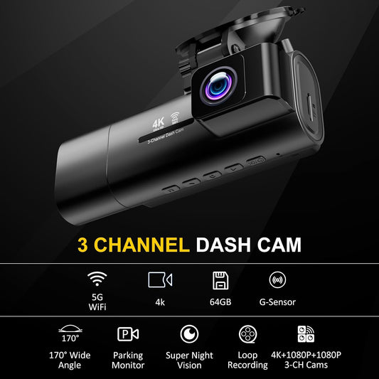 4K Dash Cam Front and Rear Inside Camera,Free 64GB Card, 3 Channel Dashcams for Car with 5G WiFi,3.16" IPS,170°Wide Angle,Loop Recording,G-Sensor,WDR,Night Vision,Time-Lapse,Parking Monitor