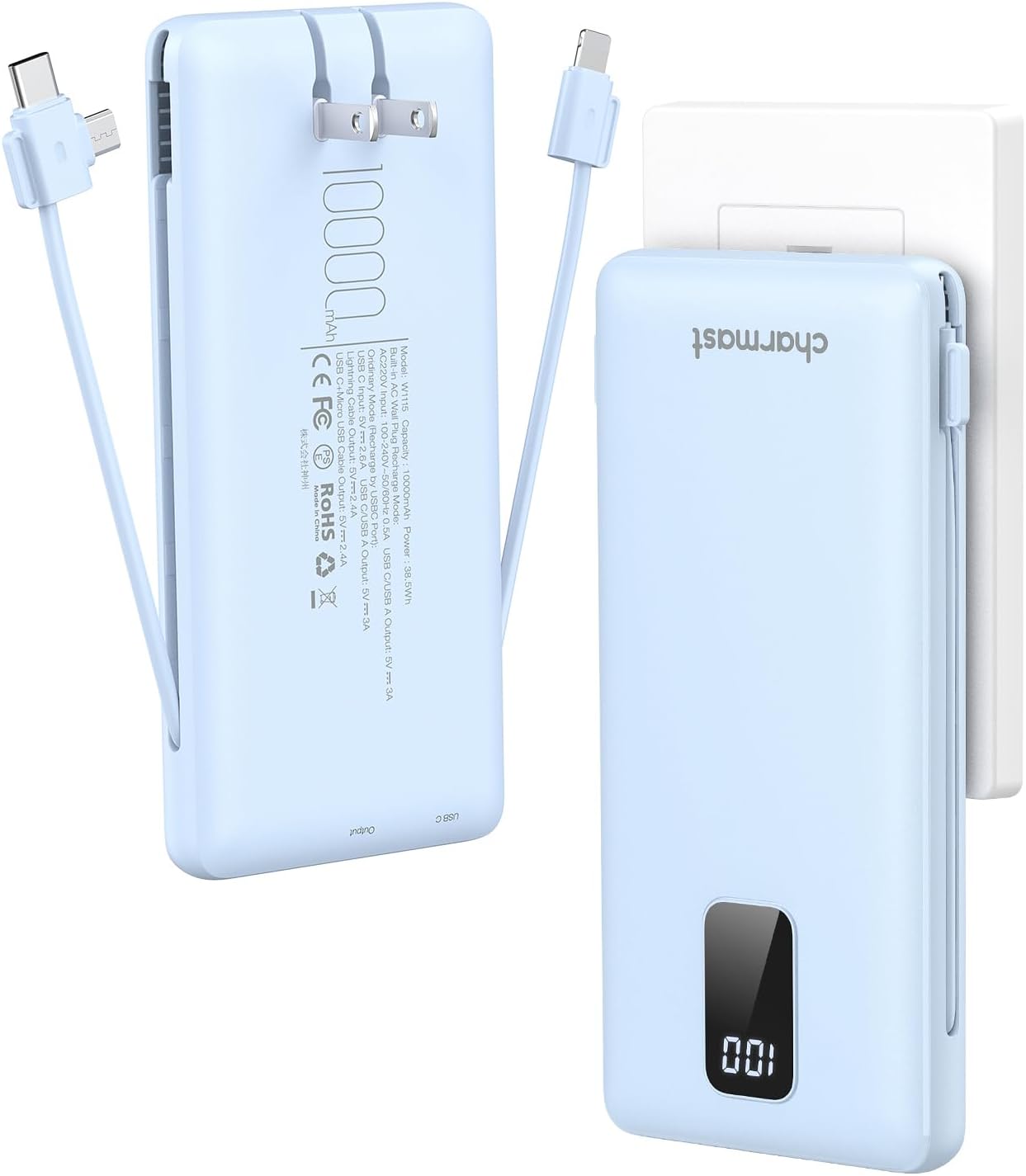 Charmast 10000mAh Portable Charger with Built-in Cables and AC Wall Plug,USB C Battery Pack Power Bank,5 Output 2 Input Battery Pack Compatible with iPhone 16/15/14/13/12,Andriod Series