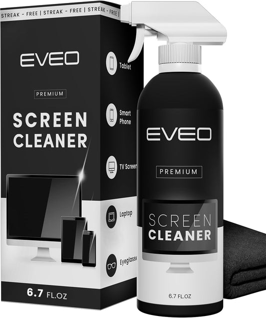 EVEO® Screen Cleaner Spray Kit (Streak-Free) TV Screen Cleaner for Smart TV, LCD, LED, OLED | Computer Spray and Wipe Microfiber Cloth for Monitor, Laptop, iPad, Car & More - 1 Pack