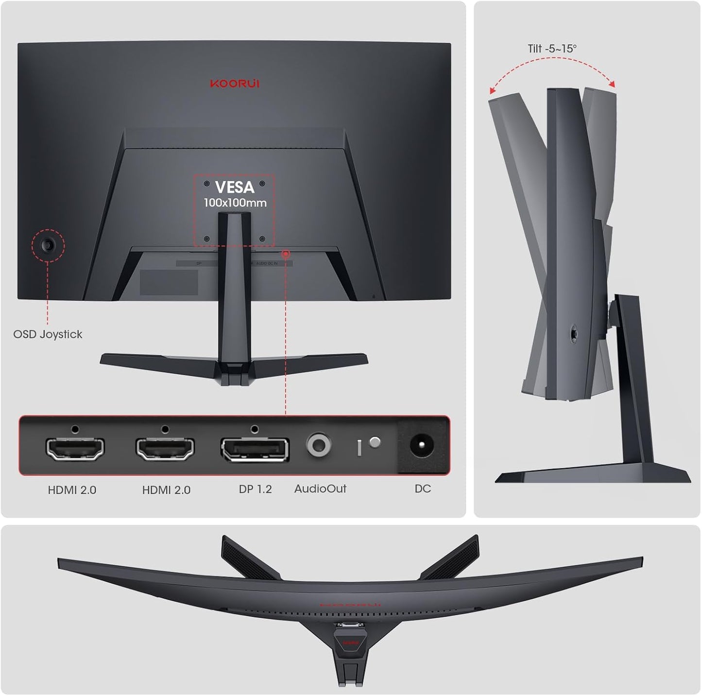 KOORUI 24 Inch Gaming Monitor - FHD 1080P Curved Monitors 180Hz VA, Built-in Adaptive Sync with 1ms, 1500R with Ultra-Thin, HDMI X2 / DP, VESA Compatible, Tilt Adjustable, Eye Care 24E6CA
