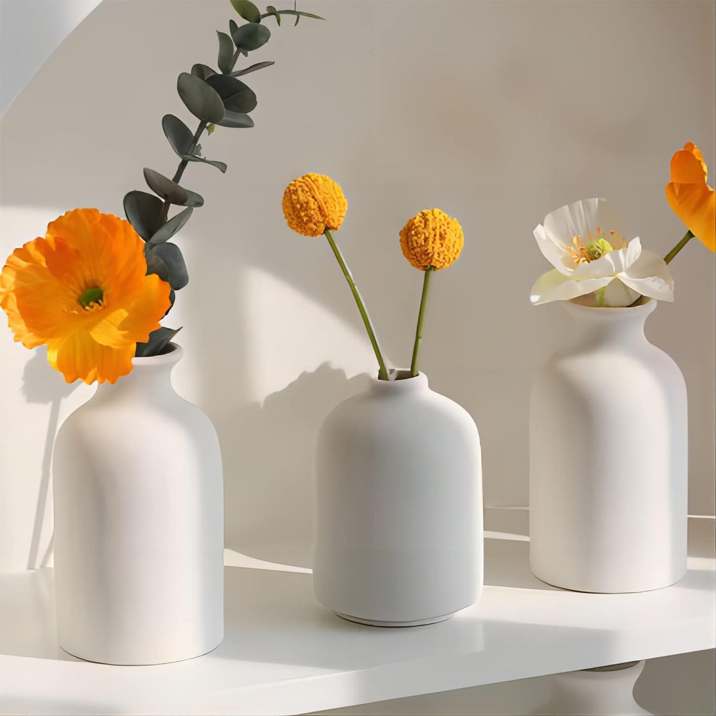 CEMABT White Ceramic vase Set-3 Small Flower vases for Decor,Modern Boho Farmhouse Home Decor,Decorative vase for Pampas Grass&Dried Flowers,idea Shelf,Table,Bookshelf ,Entryway- Distresse