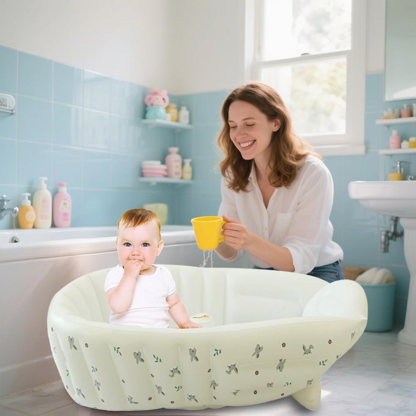 Baby Bath Tub, Inflatable Toddler Wash Tub Bath Seat With Pump | Adjustable Bathing Support Seat, Foldable Sitting Shower Bathtub For Camping Beach Travel Outdoor