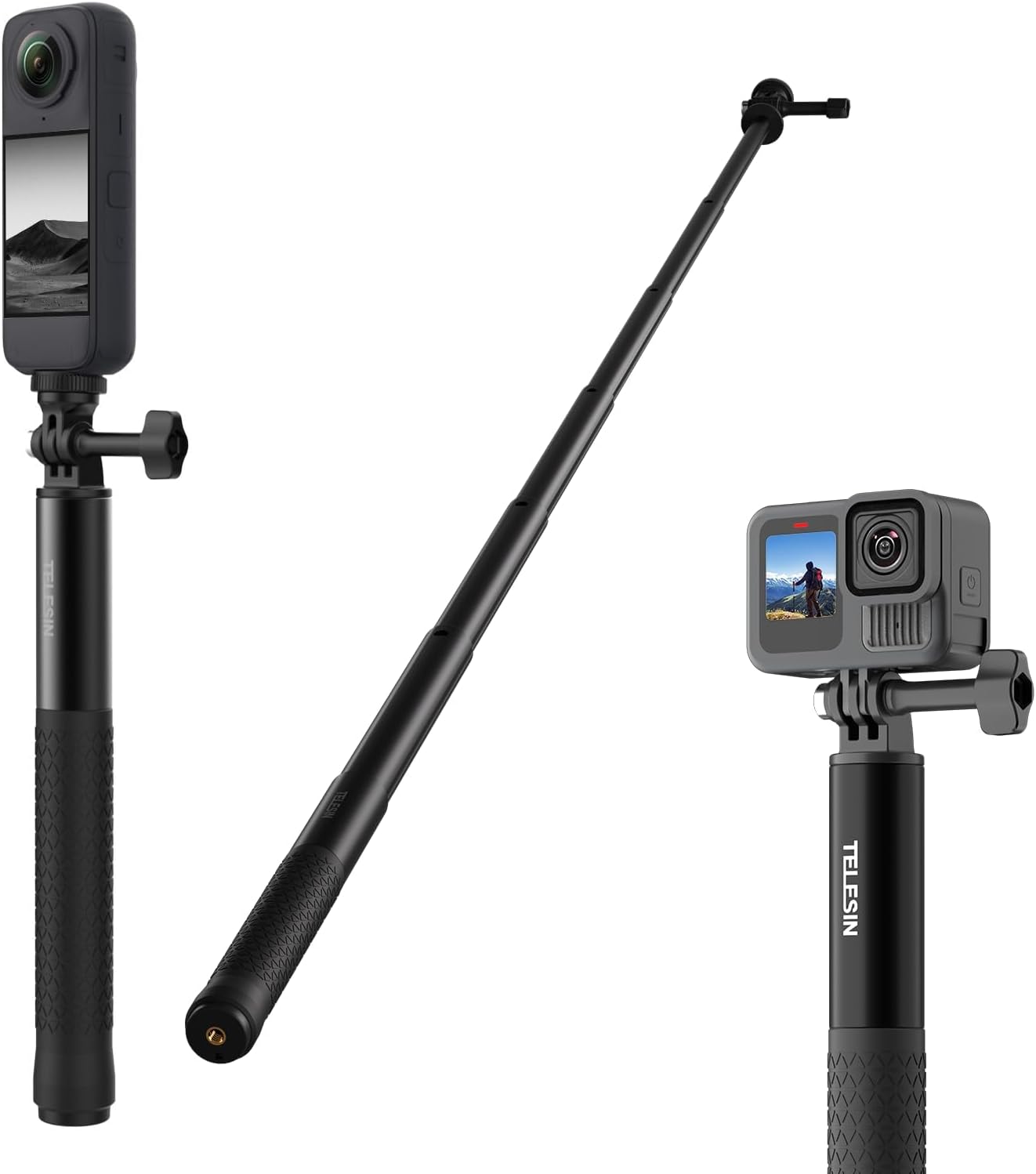 TELESIN 47" Extension Selfie Stick, Portable Smooth Handheld Invisible Monopod Pole for GoPro Hero 13 12 11 10 9/Insta360 X5 X4/DJI Osmo Pocket/AKASO Vlog Selfie Stick, Action Camera Accessories