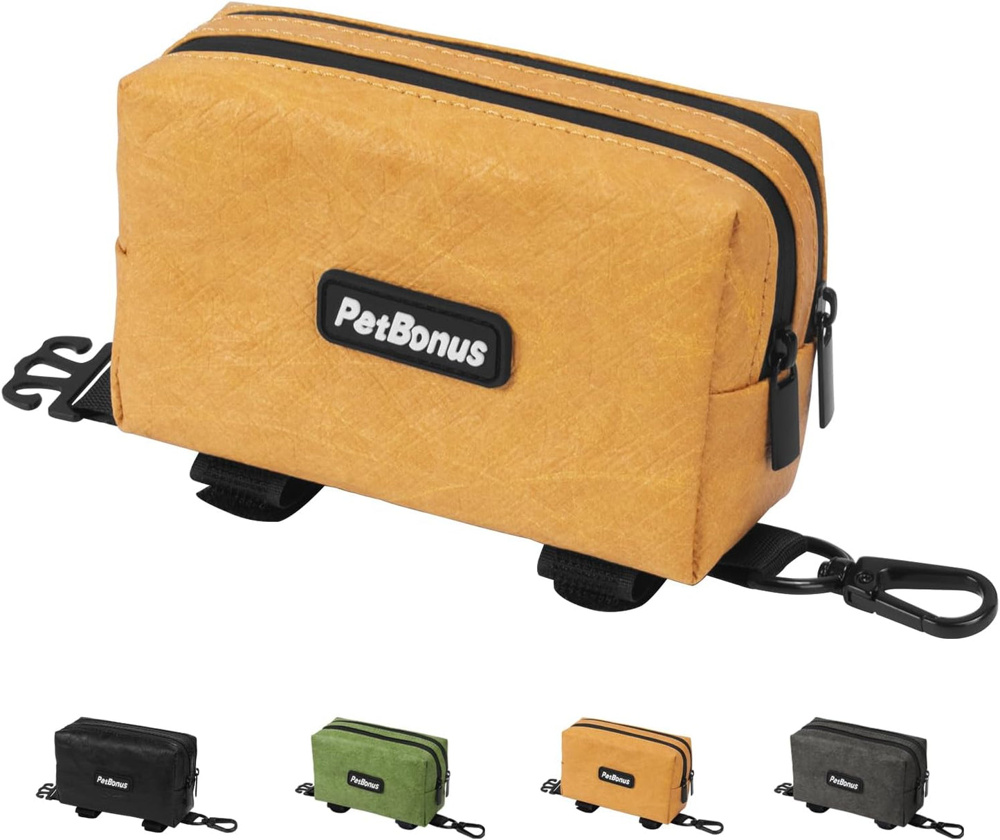 PetBonus Waterproof Dog Poop Bag Holder for leashes, Portable Pet Waste Bag Dispenser, 2 Pouches for Treat Holder and Walking Accessories, Fit All Leashes, Includes 1 Roll of Dog Poop Bags (Green)