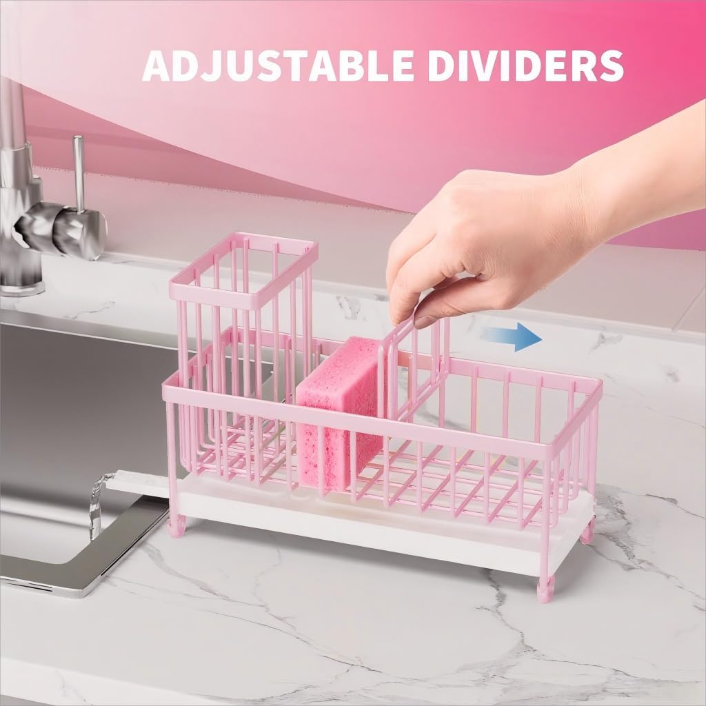 Cisily Sponge Holder for Kitchen Sink, Sink Caddy with High Brush Holder, Organzier Rustproof 304 Stainless Steel Dish Organizer Divider, Soap Dispenser Storage (Black)