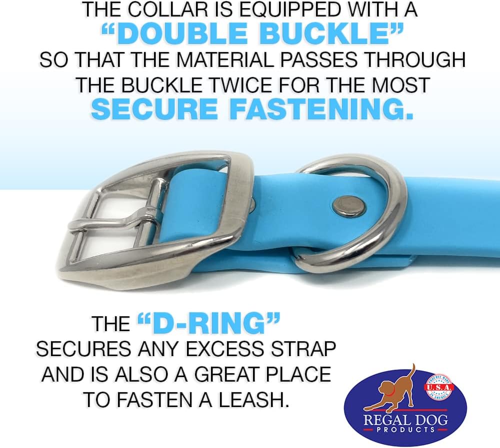 Regal Dog Products Large Pink Waterproof Dog Collar with Heavy Duty Double Buckle & D Ring | Vinyl Coated, Custom Fit, Adjustable Biothane Dog Collar | Chew Resistant Waterproof Collar for Dogs