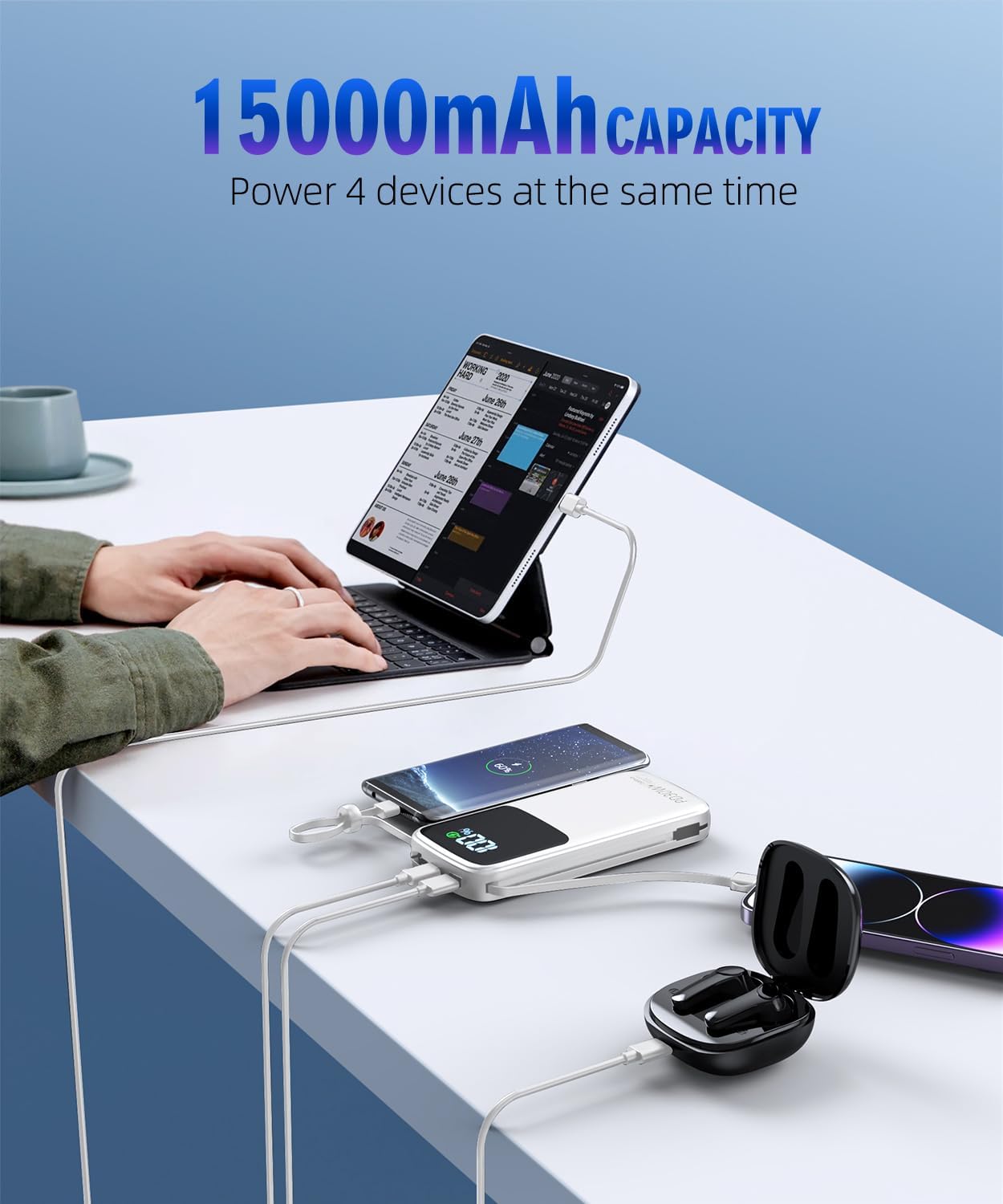 Portable Charger Power Bank, 15000mAh Portable Charger Fast Charging Lightweight, Built-in AC Wall Plug and 2 Output Cables with LED Display for iPhone Samsung iPad etc (White)