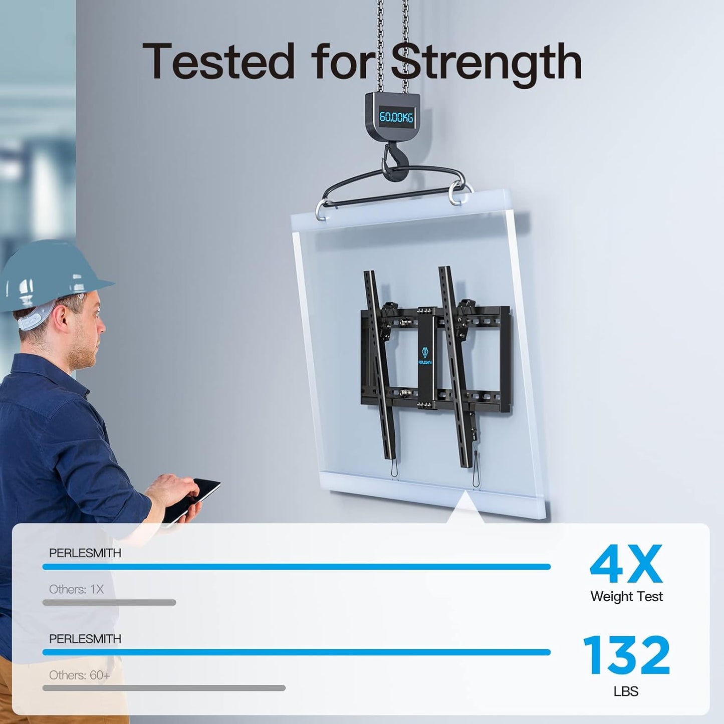 PERLESMITH Tilt TV Wall Mount for 37-82 Inch Flat Curved TVs up to 132lbs, Large Low Profile Tilting TV Mount max VESA 600x400mm, Ultra Slim Space Saving wall mount tv bracket Fits 16”- 24” Wood Studs