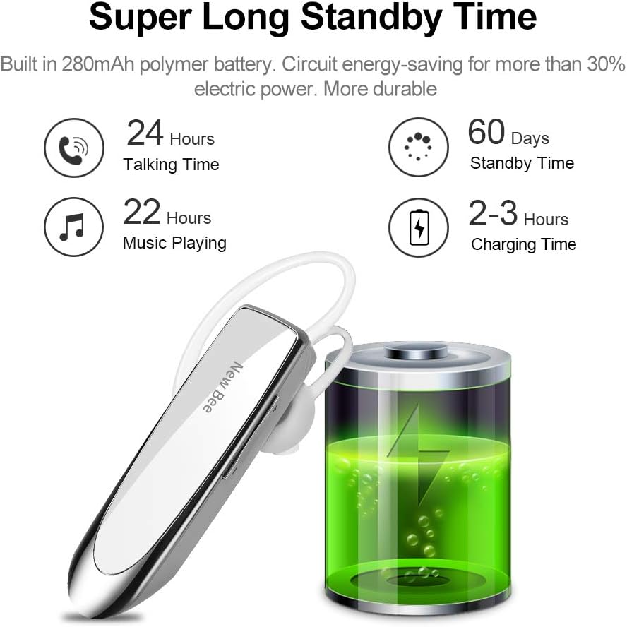 Bluetooth Headset New Bee 24Hrs V5.0 Bluetooth Earpiece Wireless Handsfree Driving Headset with Noise Canceling Mic Headset Case for iPhone Samsung Android Mobile Cell Phone Tablets Office