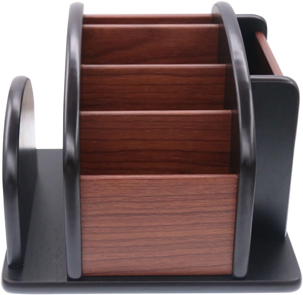 Coideal Large Remote Controls Holder, Rotating Wooden Caddy for Table, Spinning Office Supplies Desk Storage Organizer / Revolving Wood Pen Pencil Holder (6 Compartments, Brown & Black)