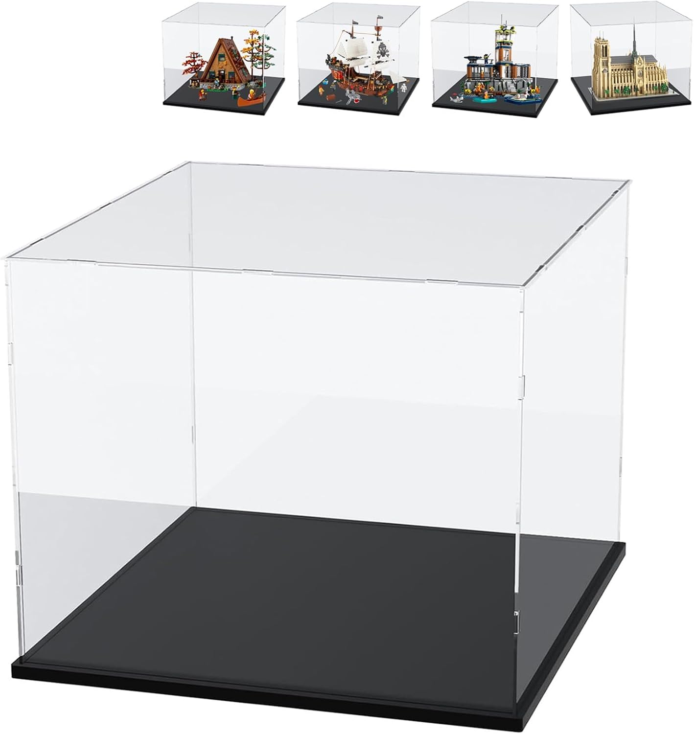 Thickened Clear Acrylic Display Case for Lego 10330 43268 76450 42170 10295 10353 Collectibles, Transparent Box Dustproof Protection with Wood-Plastic Base & String Light, Black Inside 40x20x20cm